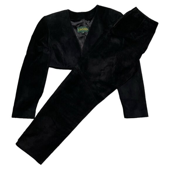 Danier Vintage 90s SUEDE LEATHER Black 2-pc Pants & Cropped Jacket XS - Picture 2 of 8